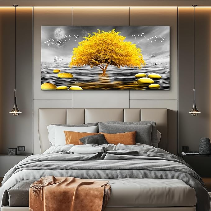 hyidecorart Canvas Wall Art 30"X60" - Black And White Ocean Scenery & Yellow Tree Art Print, Large Wall Decor Posters Abstract Pictures for Living Room, Bedroom, Office Modern Home Decor