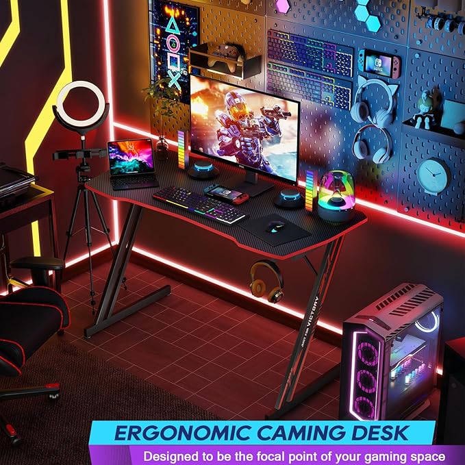 BestOffice 39" Gmaing Desk Computer Gaming Desk Z Shaped Gaming Workstation Ergonomic Gaming Table with Headphone Hook for Game Players,Black&Red