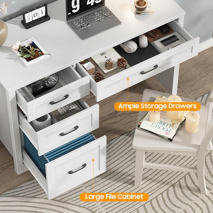 Vabches Farmhouse 47" Executive Desk with File Drawer, Workstation for Home Office, Study, Writing,Wood Computer Desk with 3 Storage Drawers,White