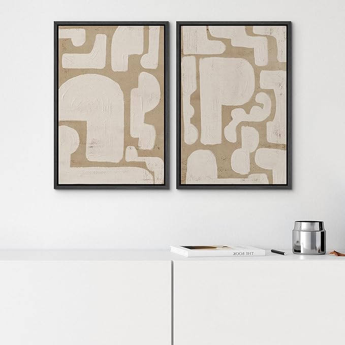 SIGNWIN Framed Canvas Print Wall Art Set Sophisticated Abstract Network Beige Interlaced Lines on White Illustrations Modern Art Minimal Relax/Calm for Living Room, Bedroom, Office - 16"x24"x2 Black
