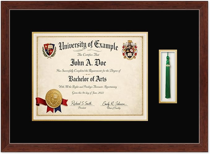 CountryArtHouse Diploma and Tassel Frame Fits 13 x 10 College Diploma (Traditional) with Tasse Rustic Walnut Genuine Hardwood Shadowbox with Black Over Metallic Gold Double mat