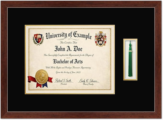 CountryArtHouse Diploma and Tassel Frame Fits 13 x 10 College Diploma (Traditional) with Tasse Rustic Walnut Genuine Hardwood Shadowbox with Black Over Metallic Gold Double mat