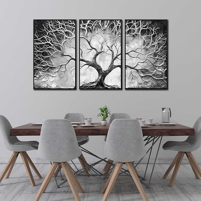 Large Framed Wall Art Bedroom - Tree Pictures Wall Decor - 3 Piece Abstract Wall Art with Black Frame Ready to Hang Size 24" x 36" x 3 Panels