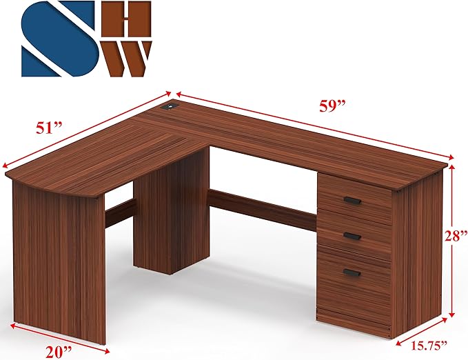 SHW 51 x 59 Inches L-Shaped Home Office Wood Corner Desk with Box Box File Drawers, Walnut