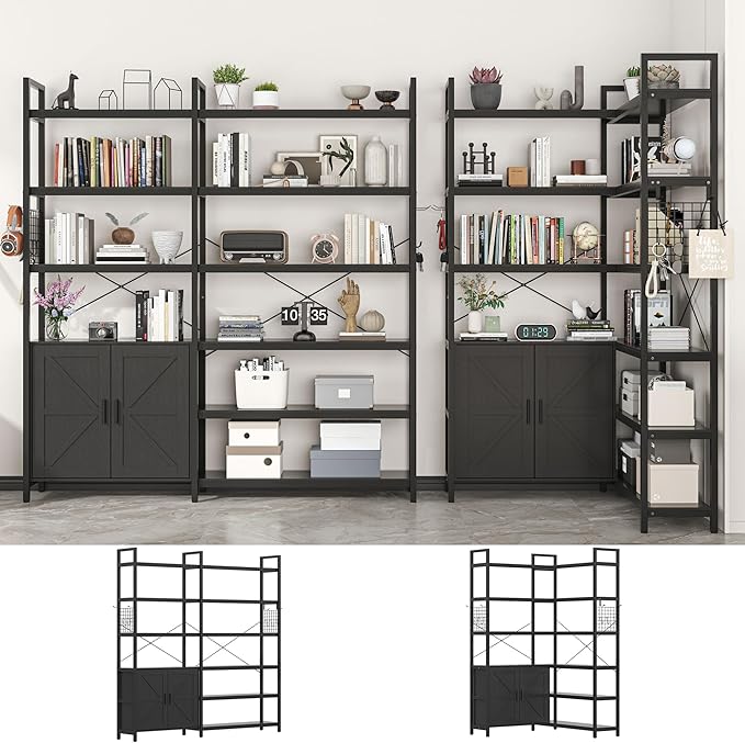 Semoic 6-tire Farmhouse Black Corner Book Shelf with 2 Barn Doors and 10 Storage Shelves, 71.3" Tall Convertible Etagere Bookcase with Storage Cabinet, Large L Shaped Bookshelf for Living Room(Black)