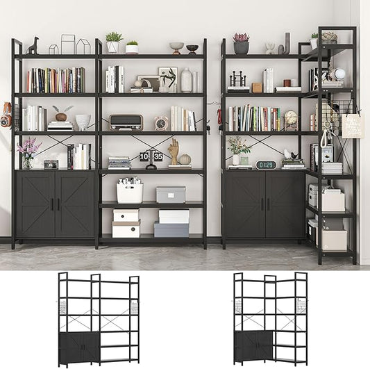Semoic 6-tire Farmhouse Black Corner Book Shelf with 2 Barn Doors and 10 Storage Shelves, 71.3" Tall Convertible Etagere Bookcase with Storage Cabinet, Large L Shaped Bookshelf for Living Room(Black)