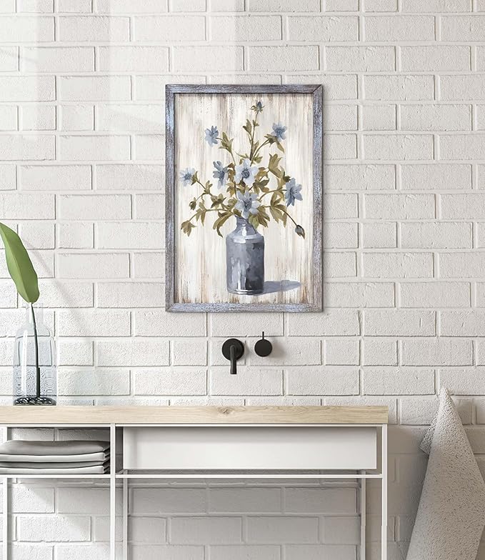 UTOP-art Floral Artwork Picture - Soft Blue Gray Flower Painting for Bathroom and Bedroom Wall Decor 11"x16"