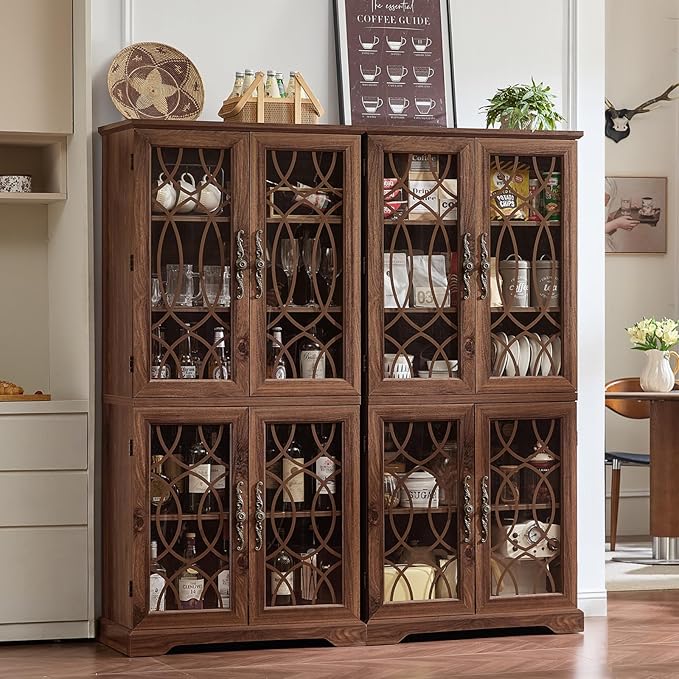 67" Tall Bookshelf Set of 3, Vintage Book Shelf with Glass Doors, 5-Tier Wood Bookcase w/Adjustable Storage Shelves, Freestanding Rustic Curio Display Cabinet for Living Room, Office, Brown