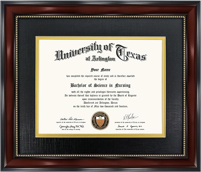 GraduationMall 7x9 Diploma Frame with Black over Gold Mat or Display 10x12 Document without Mat, Tempered Glass, Mahogany with Gold Beads