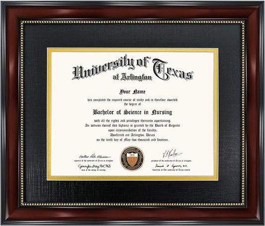 GraduationMall 7x9 Diploma Frame with Black over Gold Mat or Display 10x12 Document without Mat, Tempered Glass, Mahogany with Gold Beads
