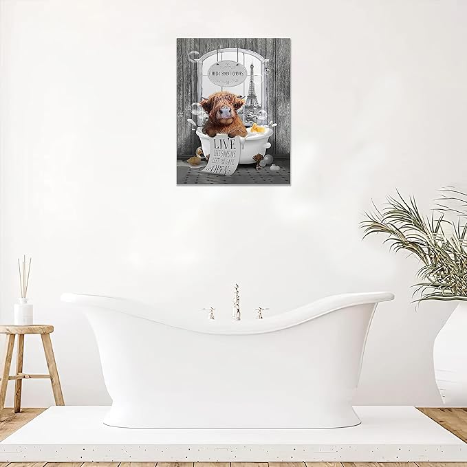 yerretin Funny Highland Cow Bathroom Wall Art Cow in Bathtub Pictures Wall Decor Hello Sweet Canvas Painting Modern Artwork Bathroom Decorations Framed Ready to Hang 12"x16"