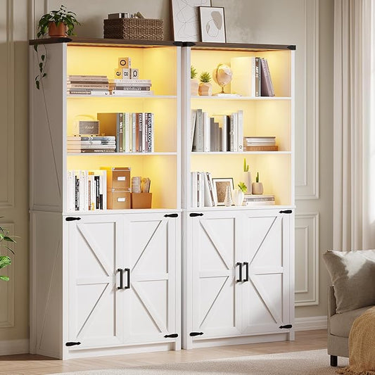 HWB 2PS Bookshelf and Bookcase with Doors, Farmhouse 5 Tier Book Shelves with Storage Cabinet, Floor Standing Bookcases with 3-Color Lights for Home Office, Living Room, Bedroom, White