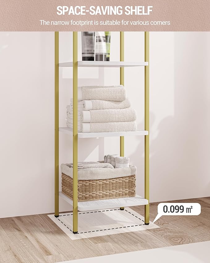 Bookcase Bookshelf, Narrow Book Shelf, Industrial Corner Shelf Storage Organizer, Slim Shelving Unit for Home Office, Living Room, Bedroom, Kitchen, 5-Tier White Gold BC24513G