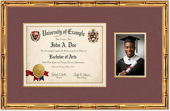 CountryArtHouse Fits 13 x 10 College Diploma (Traditional) and 5 x 7 Photo Diploma and Photo Frame Gold Bamboo Genuine Hardwood with Dark Red Over Metallic Gold Double mat