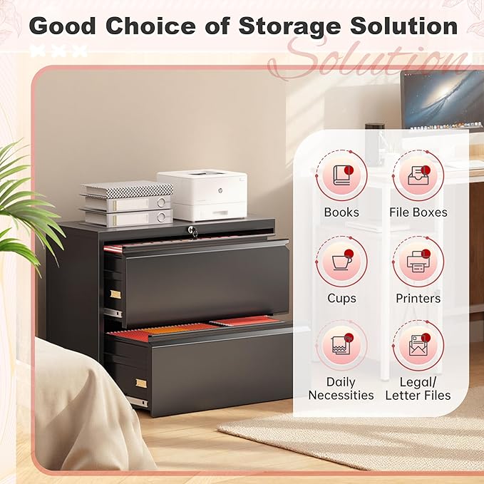 Superday Lateral File Cabinet 2 Drawer Metal File Cabinet with Lock, Black Filing Cabinets for Home Office, Locking Filing Cabinets Hanging Files Letter/Legal/F4/A4