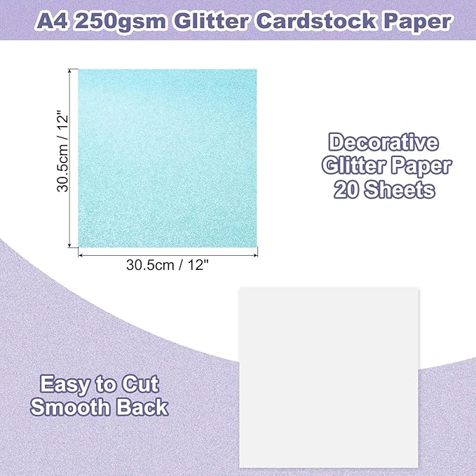 PATIKIL 20Sheets Lake Blue Glitter Cardstock, 12x12In Glitter Paper Card Stock Shiny Scrapbook 250gsm Sparkly Paper Large Shimmer for Crafts Scrapbook DIY Art Wedding Party