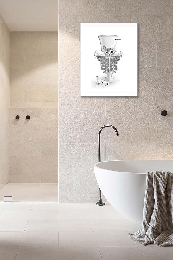 yerretin Funny Cat Bathroom Wall Art Black and White Cat Pictures Wall Decor Animal Bathroom Canvas Painting Modern Artwork Home Decorations Framed Ready to Hang 12"x16"