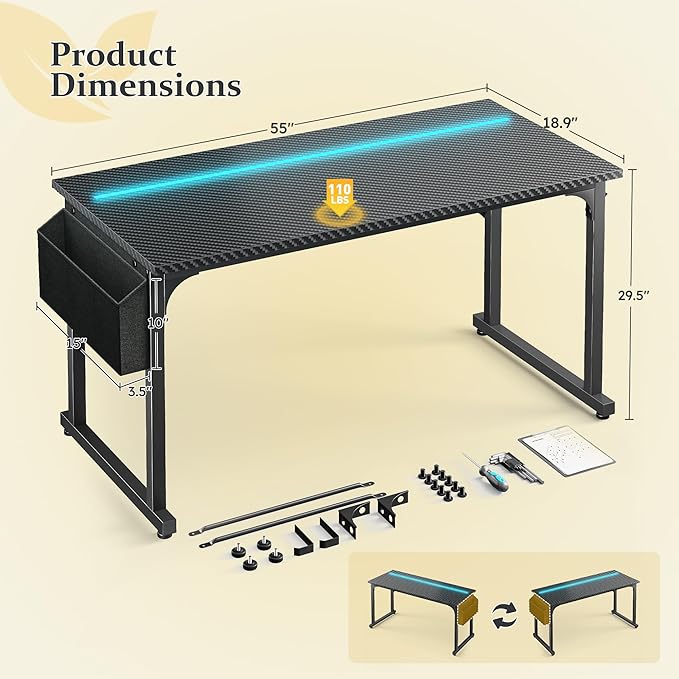 55 Inch Gaming Desk with LED Lights,Computer Desk with Storage Bag for Home Office, Simple Office Desk with Headphone Hook for Study Writing Work Desk,Sturdy Metal Frame,Black
