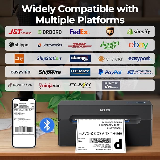 Nelko Bluetooth Thermal Shipping Label Printer, Wireless 4x6 Shipping Label Printer for Shipping Packages, Support Android, iPhone and Windows, Widely Used for Amazon, Shopify (Black)