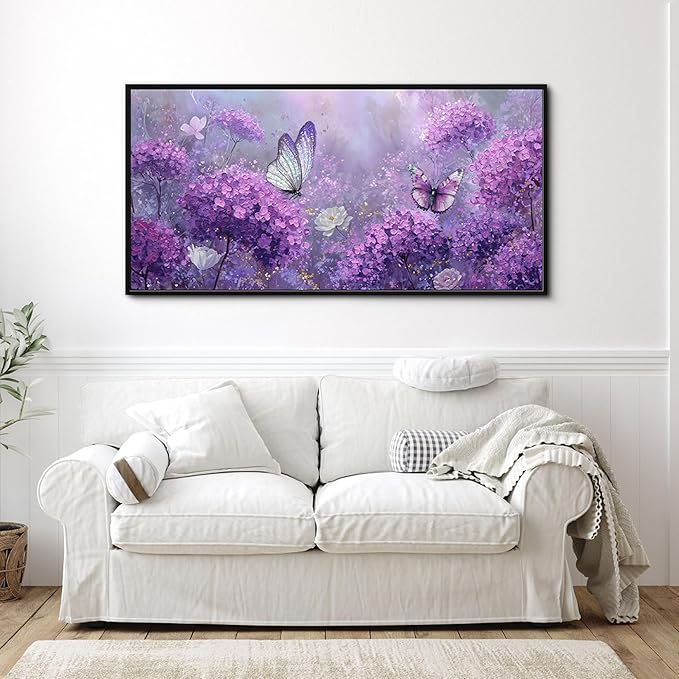 yiijeah Purple Wall Art Bedroom Canvas Lavender Bathroom Decor Butterfly Picture Items for Women Framed Artwork Print 48x24 Inches