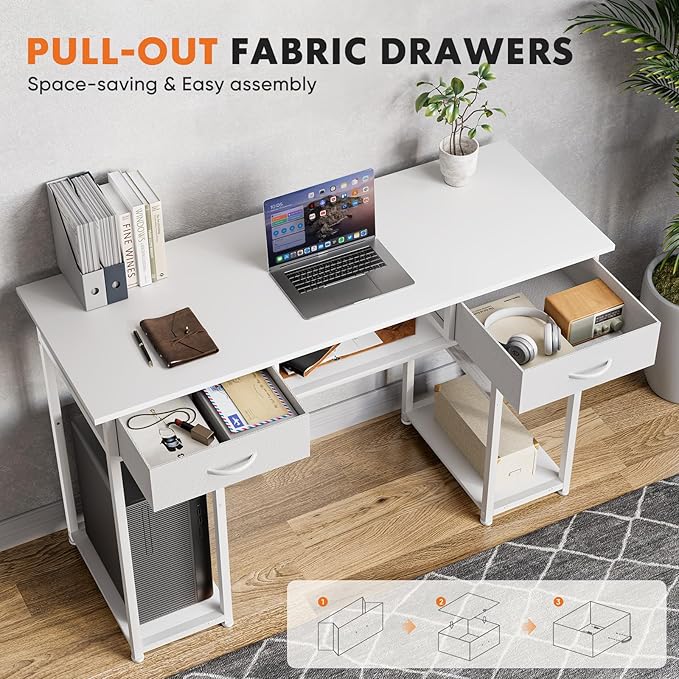 Sweetcrispy Desk with 3 Fabric Drawers, Computer Office 48 Inch Gaming Writing Study 4 Storage Shelves Table for Home Office Bedroom PC Desk, White