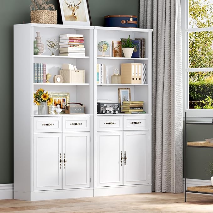 70.1" Tall Bookshelf with Drawers & Cabinet, 5-Tier Floor Standing Bookcase with Storage Doors, Adjustable Shelves & Metal Handles, 31.5" Wide Organizer for Home Office, Living Room