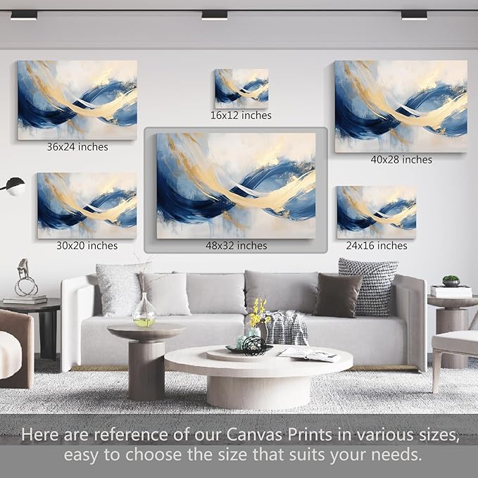 gaosoul Blue Gold Abstract Canvas Art Modern Oil Painting Giclee Print Bold Navy Azure Swirls with Metallic Gold Highlights for Living Room Home Office Decor Framed 48x32in