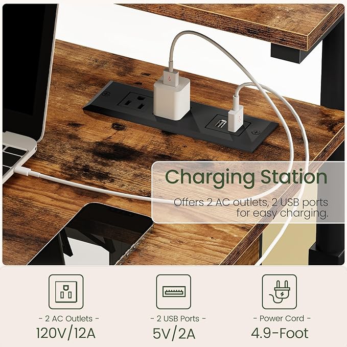 Computer Desk, Standing Desk on Wheels, Rolling Desk with Charging Station, Height-Adjustable Laptop Desk, for Living Room, Home Office, Rustic Brown and Black TDN08UBF
