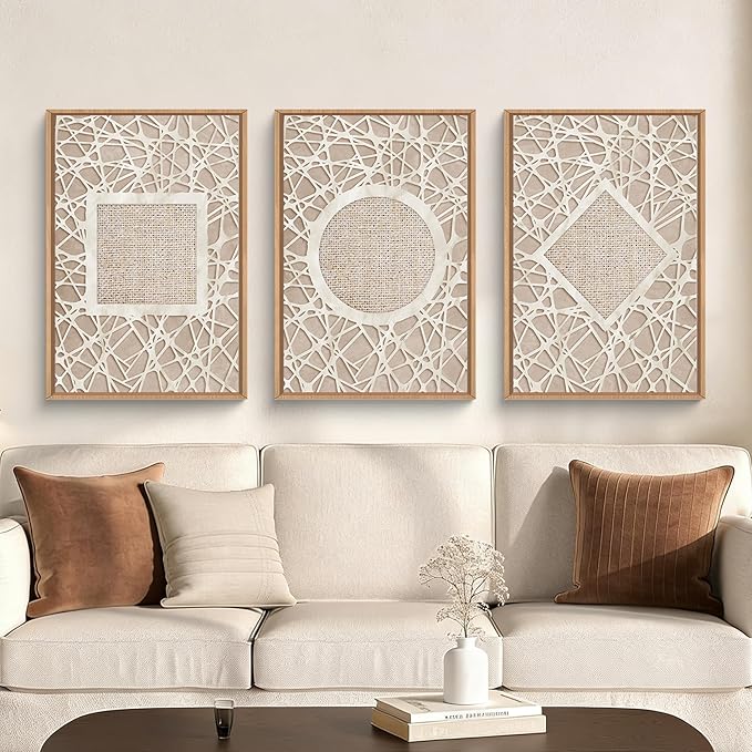 Aryroi Large Abstract Boho Neutral Shapes Framed Canvas Wall Art,Modern Geometric Circle Square Rhombus Wall Decor,Mid Century Artwork for Living Room,Bedroom,Office-16 x24 x3