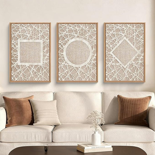 Aryroi Large Abstract Boho Neutral Shapes Framed Canvas Wall Art,Modern Geometric Circle Square Rhombus Wall Decor,Mid Century Artwork for Living Room,Bedroom,Office-16 x24 x3