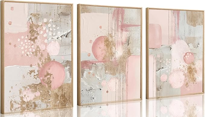 3Pcs Pink and Gold Canvas Wall Art Abstract Posters Print Geometric Pictures Decor for Living Room Bedroom Bathroom Home Decoration UnFramed