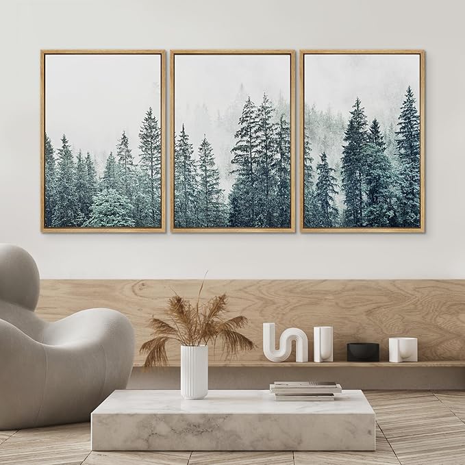 SIGNWIN Framed Canvas Print Wall Art Woodland Nursery Decor Set Film Grain Misty Mountain Pine Trees Nature Wilderness Modern Art Chic Landscape for Living Room, Bedroom, Office - 24"x36"x3 Natural
