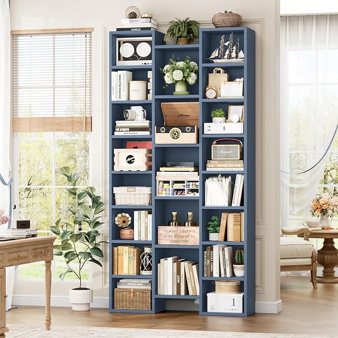 FOTOSOK 71'' Tall Bookshelf with 21 Cubes, 8 Tier Triple Wide Bookshelf with 8 Adjustable Shelves, 35" Large Bookcase DVD/CD Media Tower Storage, Freestanding Display Shelf Cabinet, Blue