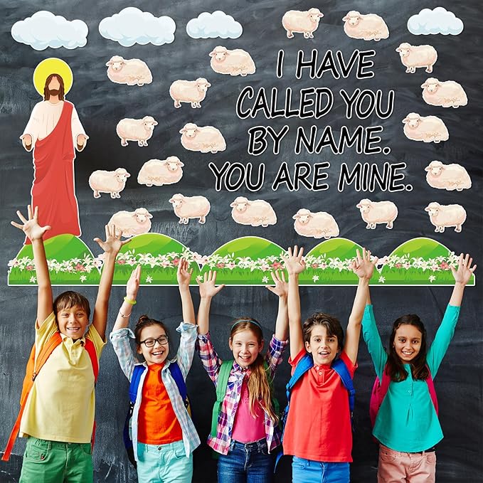 Christian Jesus Bulletin Board Set Religious Classroom Decorations I Have Called You By Name Bulletin Board Sheep Paper Cutouts for Sunday School VBS Home Church Chalkboard Door Wall Decor