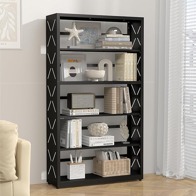 5 Tier Bookshelf, 55"Tall Metal Bookcase with Adjustable Shelves, Modern Display Book Shelf, Black Bookcase Shelf, Utility Shelf, Storage Shelves for Office, Living Room, Kitchen, Study-31"W