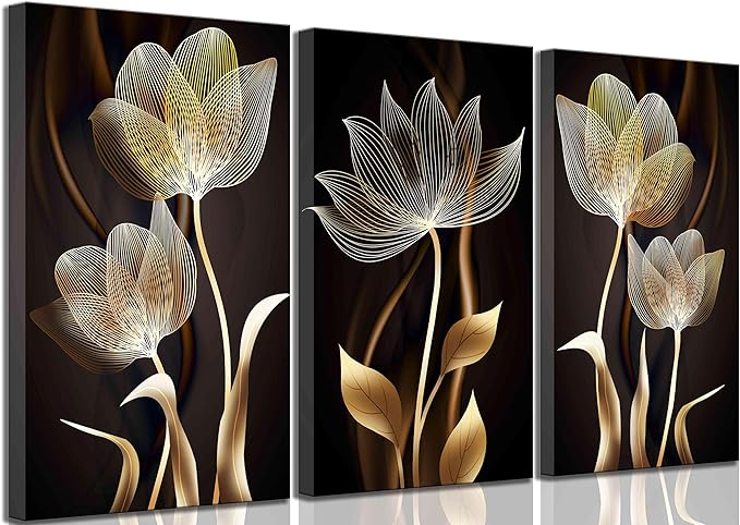 3 Pieces Modern Abstract Brown Flowers Canvas Wall Art Minimalism Black and Gold Floral Painting Pictures Luxury Wall Decor Posters Print Artwork for living room Office Bedroom Home Decoration
