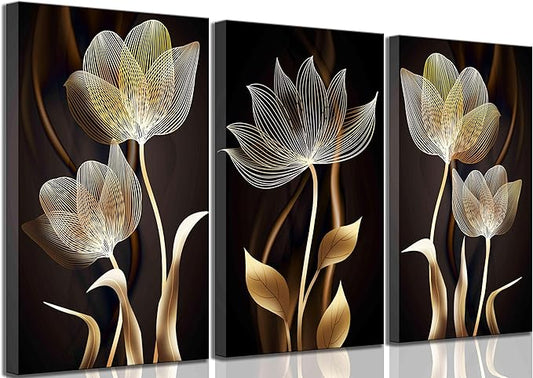 3 Pieces Modern Abstract Brown Flowers Canvas Wall Art Minimalism Black and Gold Floral Painting Pictures Luxury Wall Decor Posters Print Artwork for living room Office Bedroom Home Decoration