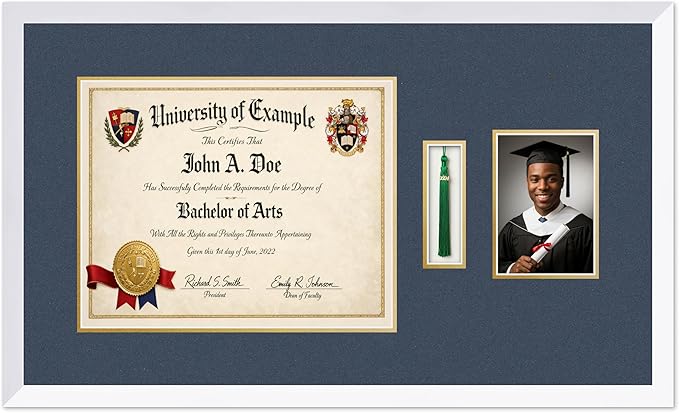 CountryArtHouse Diploma Tassel and Photo Shadowbox Fits 15 x 12 Military/Government with Tassel Hook a Bright White Genuine Hardwood with Navy Blue Over Metallic Gold Double mat