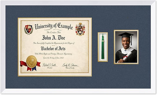 CountryArtHouse Diploma Tassel and Photo Shadowbox Fits 15 x 12 Military/Government with Tassel Hook a Bright White Genuine Hardwood with Navy Blue Over Metallic Gold Double mat