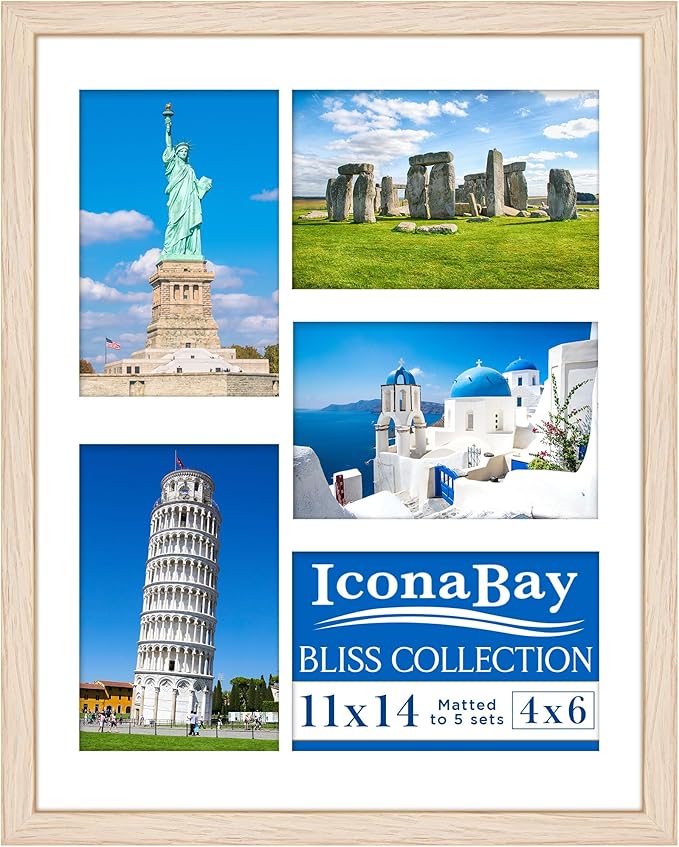 Icona Bay - 11x14 Light Oak Collage Picture Frame with Removable Mat for 5-4x6 Photos - Modern Style Engineered Wood Frame - Wall Mount Only - Bliss Collection