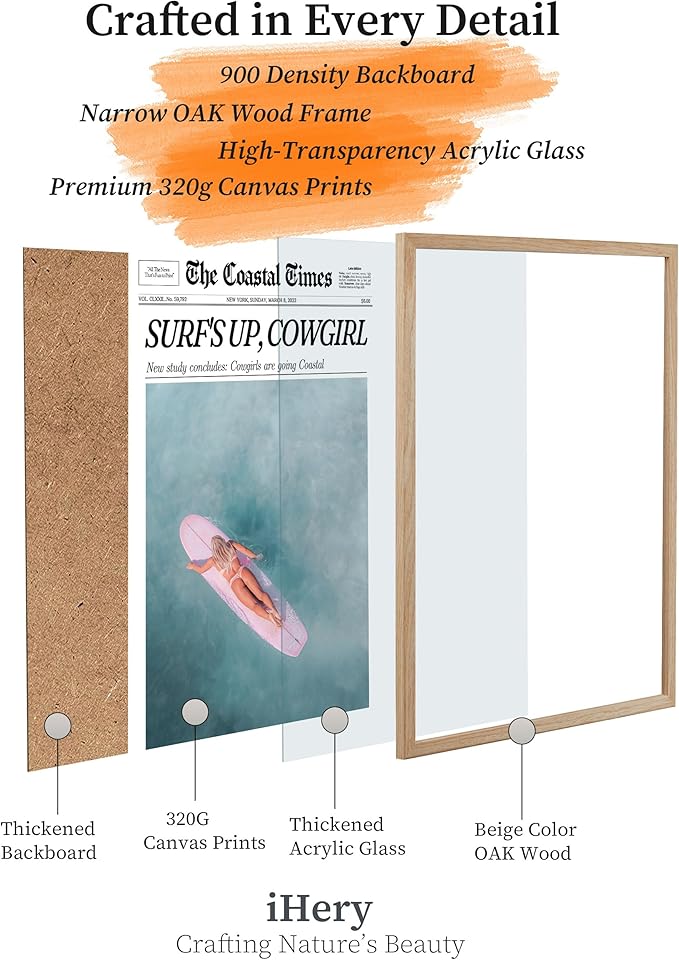 iHery Framed Coastal Trendy Cowgirl Wall Art Decor, Natural OAK Wood 12x16in Canvas Newspaper Retro Bedroom Wall Art,Surfer Up Vintage Bar Cart Home Decor For Dorm Living Room 1Pack