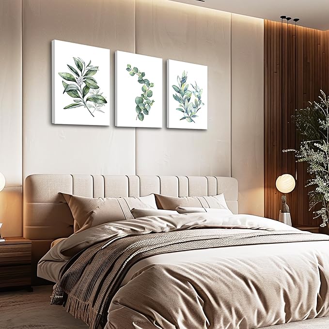 Green leaves Plants Canvas Wall Art for Living Room modern Bathroom Wall Decor for Bedroom Kitchen Home Decorations 3 panel Watercolor painting Canvas Prints Posters Artwork office mural Art works