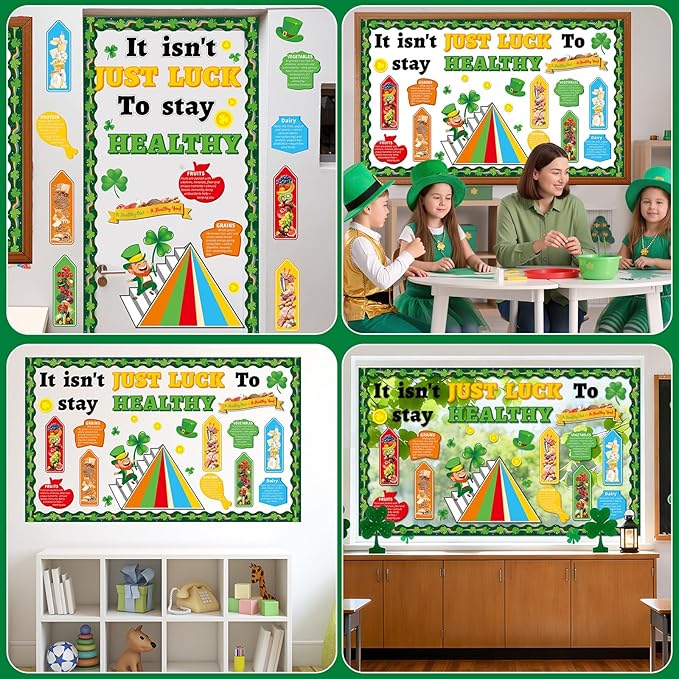56pcs St. Patrick's Day Bulletin Board Decorations Nutrition and Health Theme Bulletin Board Green Lucky Shamrock Healthy Notes Cutouts for Irish Holiday Home Classroom School Chalkboard Wall Decor