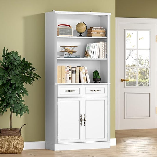 70.1" Tall Bookshelf with Drawers & Cabinet, 5-Tier Floor Standing Bookcase with Storage Doors, Adjustable Shelves & Metal Handles, 31.5" Wide Organizer for Home Office, Living Room