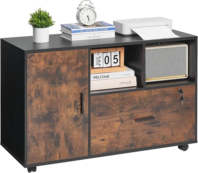 VEVOR Wood File Cabinet, Mobile Filing Cabinet with Open Shelves, Lockable Lateral Rolling File Storage with Adjustable Shelves, Free Standing Printer Stand for Home, Office, School, Rustic Brown