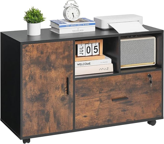 VEVOR Wood File Cabinet, Mobile Filing Cabinet with Open Shelves, Lockable Lateral Rolling File Storage with Adjustable Shelves, Free Standing Printer Stand for Home, Office, School, Rustic Brown
