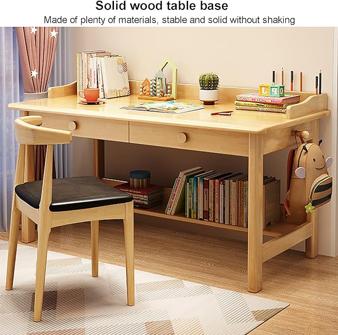 Solid Wood Writing Desk with Drawer,Mid Century Home Office Desk with Hooks,Work Study Pc Table Workstation Computer Desk with Storage Shelves for Small Spaces (80x60x75cm(31x24x30inch), Blue)