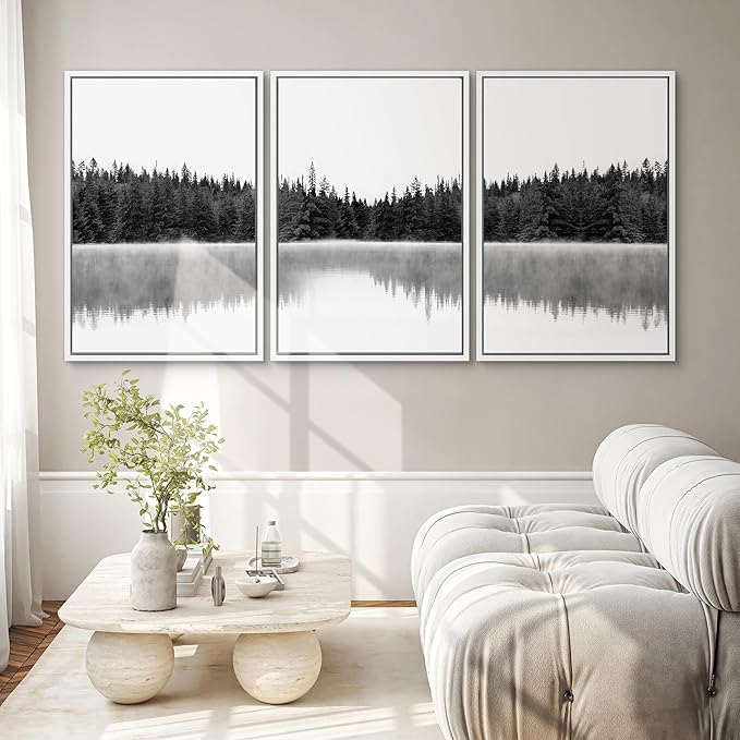 SIGNWIN 3 Piece Framed Canvas Wall Art Woodland Nursery Decor Black and White Forest with Lake Nature Abstract Traditional Home Artwork Decoration for Living Room,Bedroom - 16"x24"x3 White