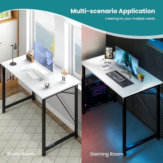 OLIXIS 32 Inch Small Computer Work Desk with X-Shaped Reinforcement, Gaming Study Writing Table for Home Office Small Space, Metal Frame, Black&White