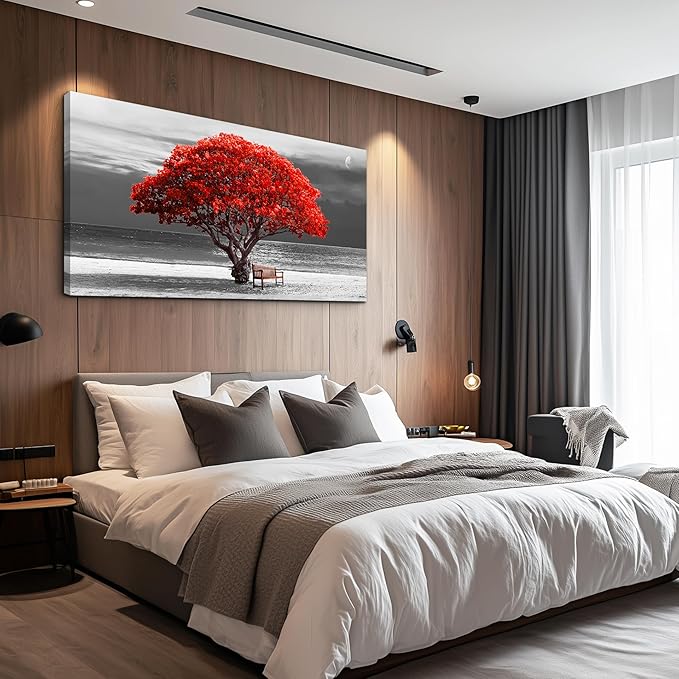 wall art for living room Decorations Photo Prints - panoramic black and white with red trees The moon Landscape - Modern Home Decor The room Stretched and Framed Ready to Hang artwork 30x60inches